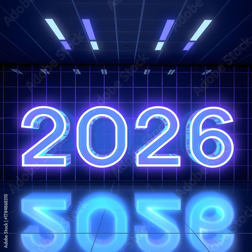 Futuristic neon glow year 2026 displayed in a dark digital grid with reflections