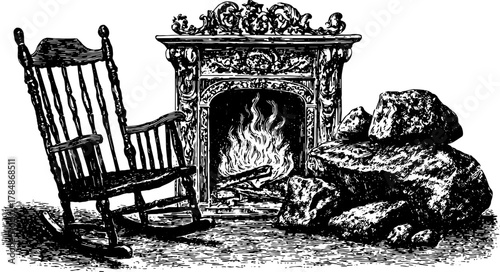 Vintage fireplace with a rocking chair beside it. Detailed engraving illustration featuring stones and cozy fireside ambiance. Vector art.
