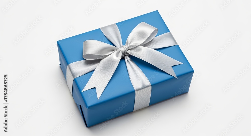 Obraz premium Blue gift box with silver ribbon on white background 