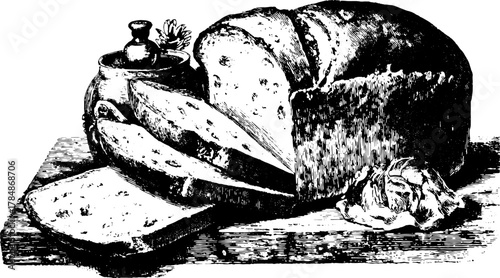 Vintage engraving of bread and slices with a knife and butter. A hand-drawn vector illustration for the kitchen set.