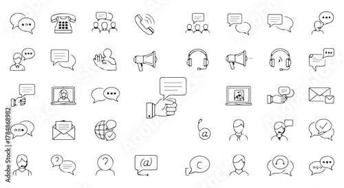 Collection of black and white line icons representing communication and interaction isolated on transparent background