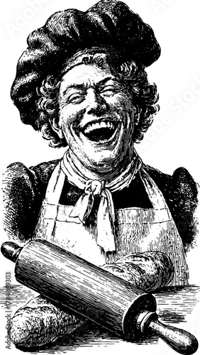 Chef laughing with a rolling pin in a vintage kitchen. Historical illustration in black silhouette engraving style, vector illustration.