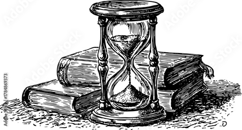 Hourglass and books in vintage line drawing style. Classic vector illustration of time and literature in a detailed set.