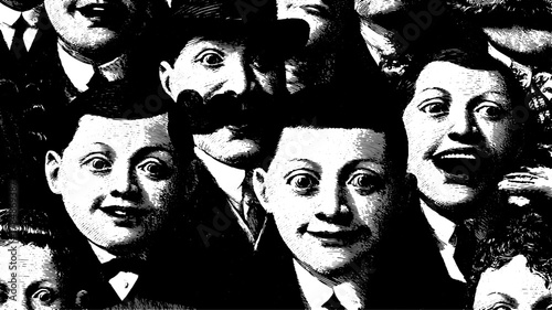 Engraved print featuring a group of faces with distinct expressions. This vintage illustration highlights retro aesthetics in a detailed vector design.
