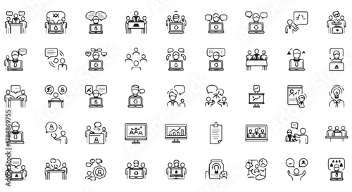 Assortment of minimalist icons depicting business interactions, meetings, and digital communication, isolated on transparent background