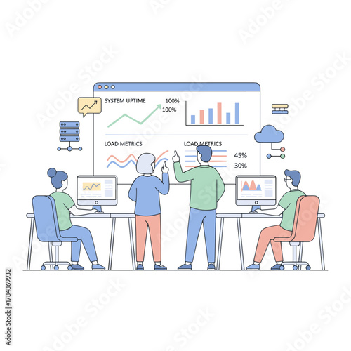 Business Team Analyzing Digital Dashboard Showing Growth Charts and User Activity Data with Graphs and Statistics on a Computer Screen