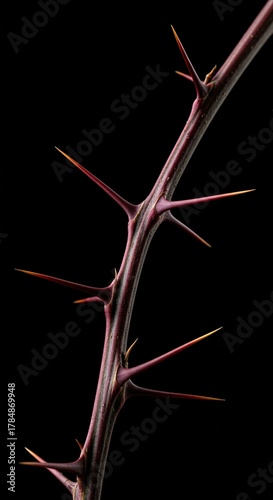 Close-up of sharp, menacing thorns on a plant stem, symbolizing natural defense and an inherent resistance to touch and disturbance ,challenging ,close up ,obstacle