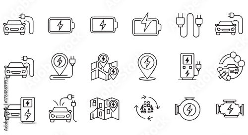 Collection of handdrawn icons representing electric vehicles, charging stations, and navigation elements, isolated on transparent background