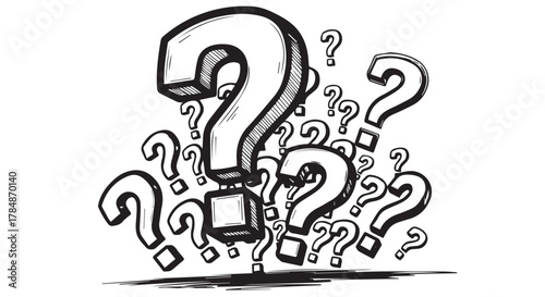 A chaotic cluster of handdrawn question marks of various sizes, isolated on transparent background