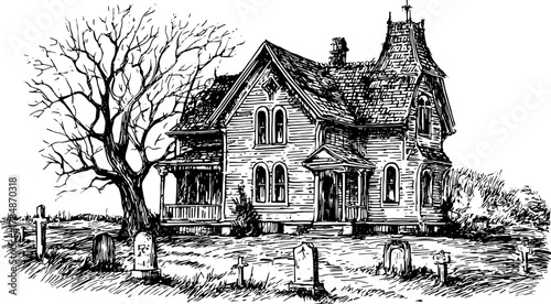 Vintage house with tree and graveyard in black and white outline. Set includes detailed engraving illustration showcasing an eerie rural landscape.