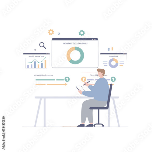 Business Strategist Analyzing Data Charts And Graphs On Multiple Screens In A Modern Office Setting With Pastel Colors