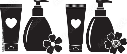 Cosmetic bottles and flowers silhouette
