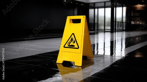 Caution Sign on Wet Floor in Modern Building Lobby with Reflection
