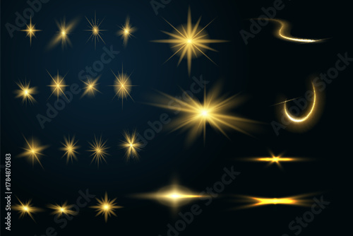 Glow isolated white transparent light effect set, lens flare, explosion, glitter, line, sun flash, spark and stars. Abstract special effect element design.