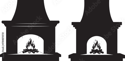 Two black fireplace silhouettes with burning flames