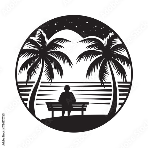 Solitary Beach Watcher Under Palms Silhouette
