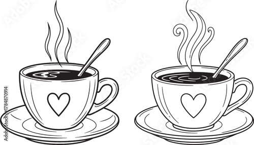 Two steaming cups of coffee with hearts silhouette
