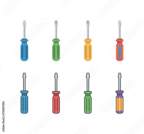 Collection of colorful flat vector screwdriver icons, essential tools for repair and maintenance work.