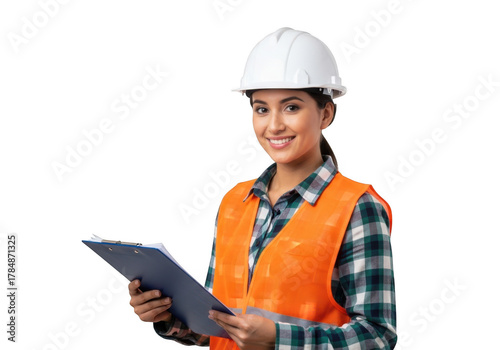 Smiling female construction worker wearing orange vest and white hard hat holding clipboard isolated on transparent background