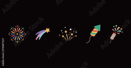 Vibrant set of flat vector icons depicting various festive fireworks and sparklers on a dark background.