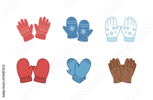 Set of colorful cartoon winter gloves and mittens icons, perfect for cold weather and seasonal themes.