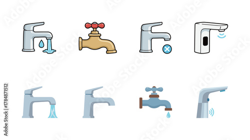 Set of various modern and retro water faucet and tap icons, emphasizing plumbing and water conservation.