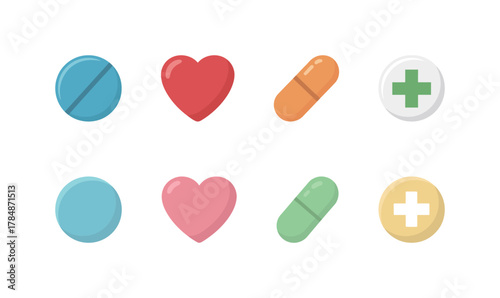 Set of flat vector icons with various medical pills and heart shapes, symbolizing health and medication.