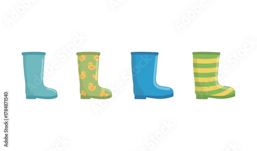 Set of colorful rubber rain boots icons, perfect for wet weather, gardening, and outdoor activities.