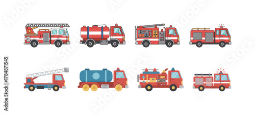 Flat vector icon set of various fire trucks and engines, symbolizing emergency services and safety.