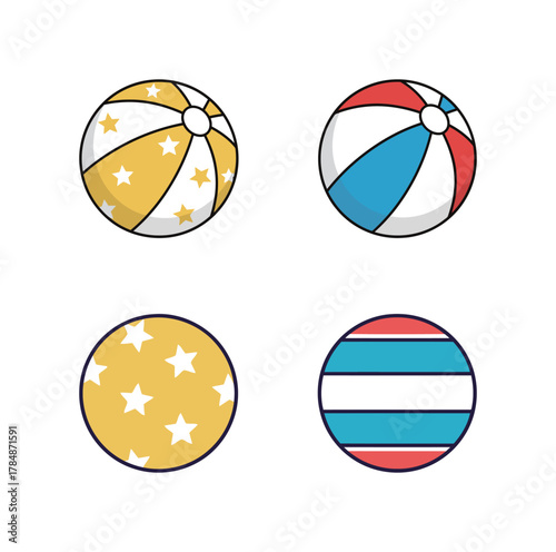 Collection of cartoon beach ball icons with various colorful patterns, for summer and recreational themes.