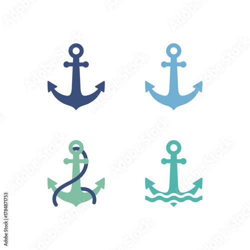 Set of nautical anchor icons in various blue and green shades, symbolizing maritime themes and stability.