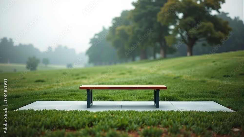 Obraz premium Empty park bench surrounded by lush green grass and trees on a foggy morning, offering a serene and peaceful outdoor scene