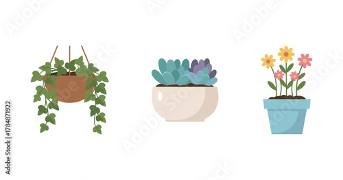 Set of potted houseplant icons including hanging ivy, succulent, and colorful flowers for interior decor.