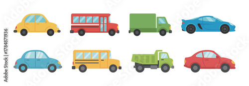 Collection of colorful cartoon transport vehicle icons, including sedan, bus, truck, and sports car.