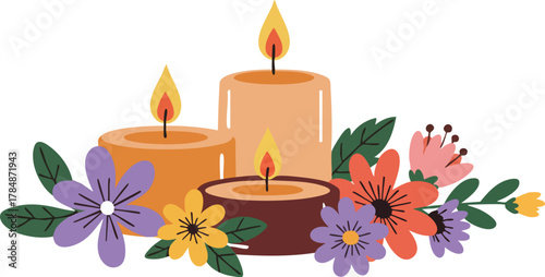 A 2D flat illustration of three candles surrounded by colorful flowers on World Candle Day against a clean white background with a vibrant and celebratory mood.