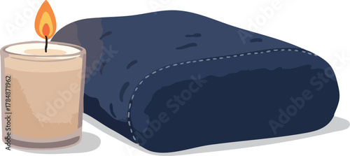 A 2D flat illustration of a lit candle and a rolled-up navy blue blanket on a white background, celebrating World Candle Day with a serene ambiance.