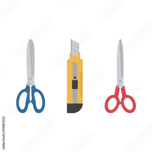 Set of Flat Design Icon of Different Cutting Tools for Office, School, or DIY Craft: Scissors and Utility Knife Isolated on White Background