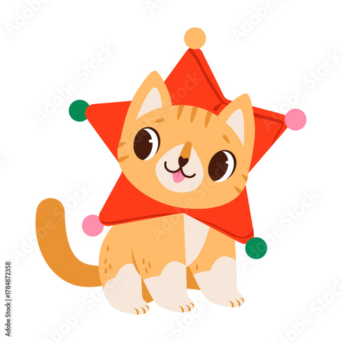 Adorable cat dressed as Christmas star. Cute orange cartoon cat in a holiday costume with colorful pom-poms. Flat vector illustration.