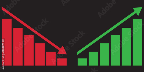 Financial growth and decline bar chart illustration. showing opposite financial trends with bar charts and dollar symbols, representing business growth and economic decline conceptEPS10/AI.