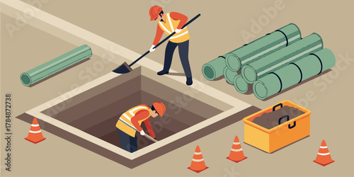 Isometric design of an engineer installing an aerobic treatment system in a septic tank, enhancing environmental sustainability on-site.