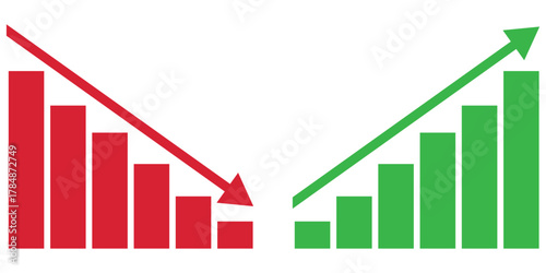 Financial growth and decline bar chart illustration. showing opposite financial trends with bar charts and dollar symbols, representing business growth and economic decline conceptEPS10/AI.