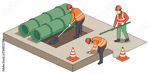 Eco-friendly aerobic treatment system installation in a household septic tank, with an engineer working on-site at a construction project.