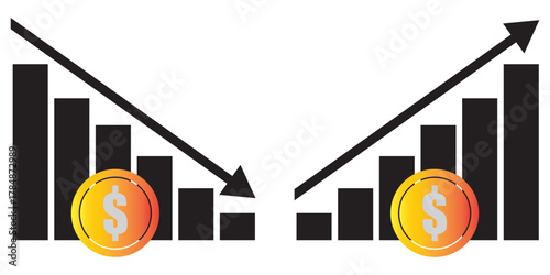 Financial growth and decline bar chart illustration. showing opposite financial trends with bar charts and dollar symbols, representing business growth and economic decline conceptEPS10/AI.