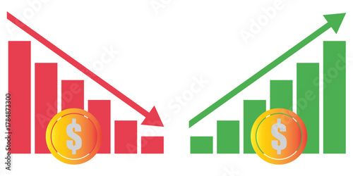 Financial growth and decline bar chart illustration. showing opposite financial trends with bar charts and dollar symbols, representing business growth and economic decline conceptEPS10/AI.