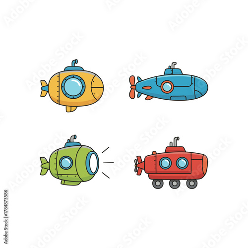 Set of Cartoon Submarine Flat Vector Icons: Underwater Vehicles for Deep Sea Exploration and Fun Transportation Isolated on White Background