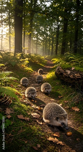 Hedgehogs walking along a forest path with sunlight filtering through trees