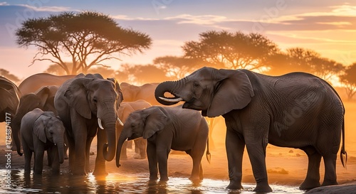 Herd of african elephants at sunset drinking water in natural habitat