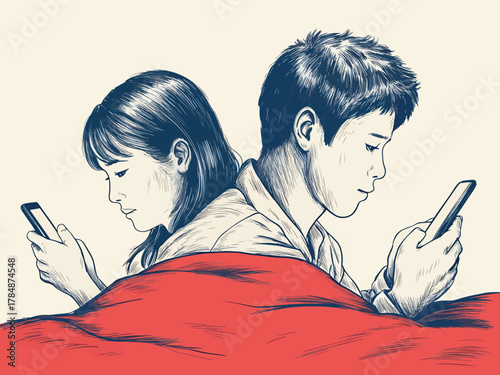 Young couple distracted by smartphones ignoring each other