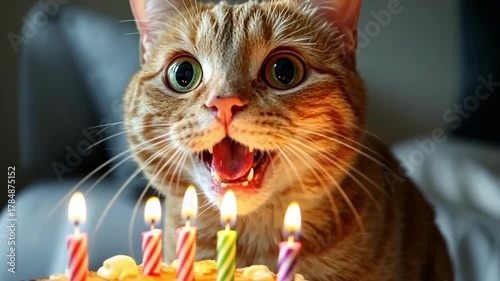 Excited cat celebrates birthday with colorful candles on cake