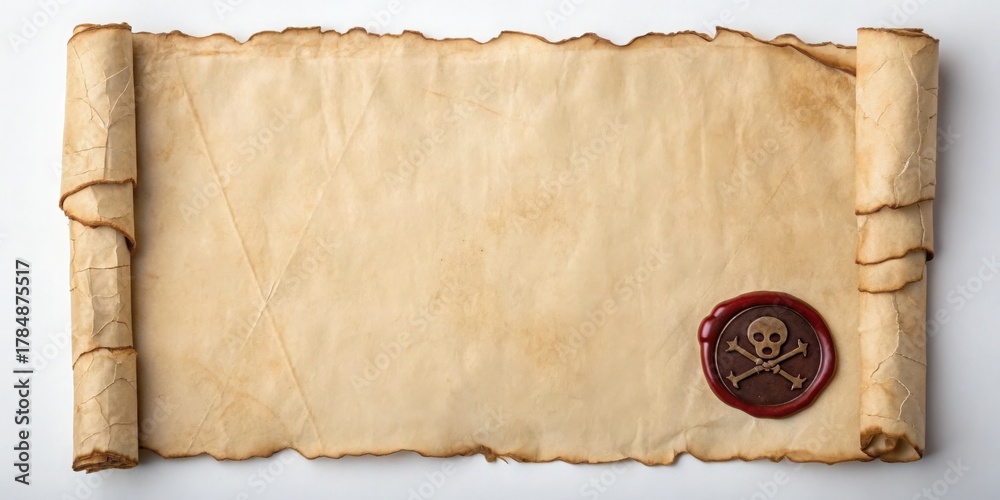 Fototapeta premium Pirate Old parchment scroll with a wax seal featuring a skull design, suggesting treasure maps or pirate themes.